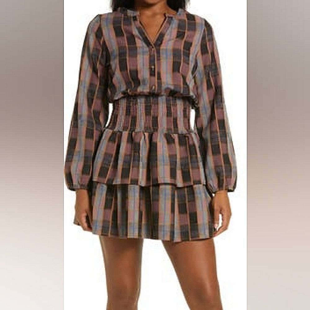NWT BTFL - Life Metallic Thread Plaid Long Sleeve Dress XS